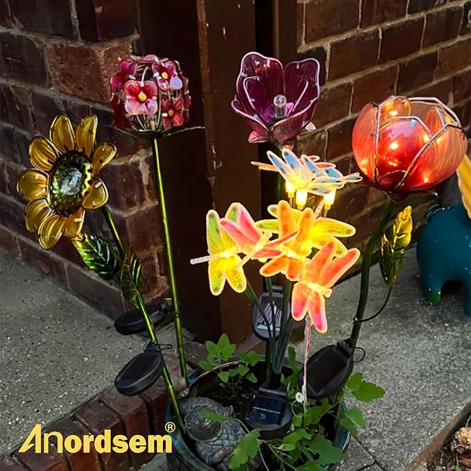 Anordsem Solar Garden Lights Outdoor: 8 Removable Fiber Optic Fabric Dragonflies 4 Pack - Waterproof Fun Animal Decoration for Yard Patio - Gardening Gifts for Garden Lovers