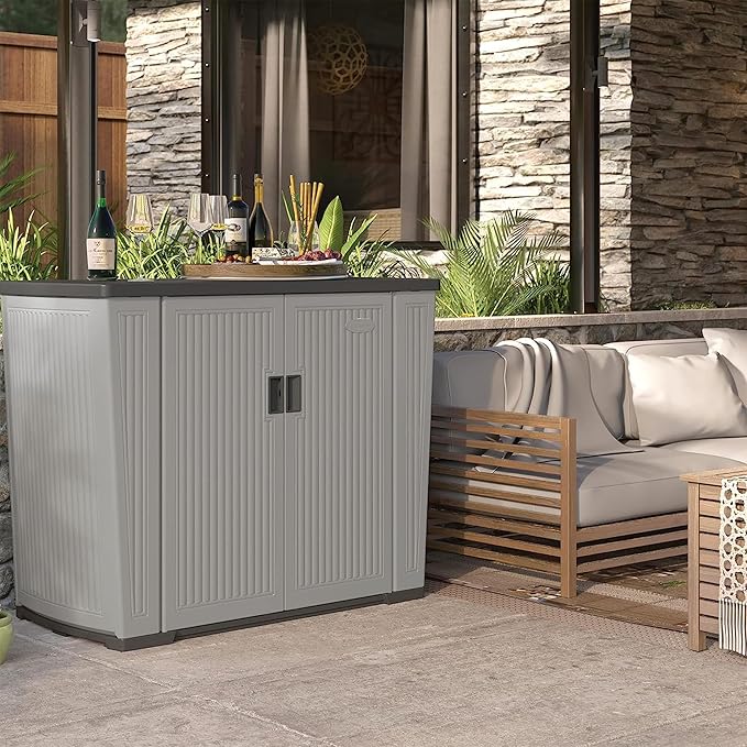 Suncast 130-Gallon Backyard Oasis Basic Unit Lockable Outdoor Storage Cabinet, Peppercorn, Made in the USA