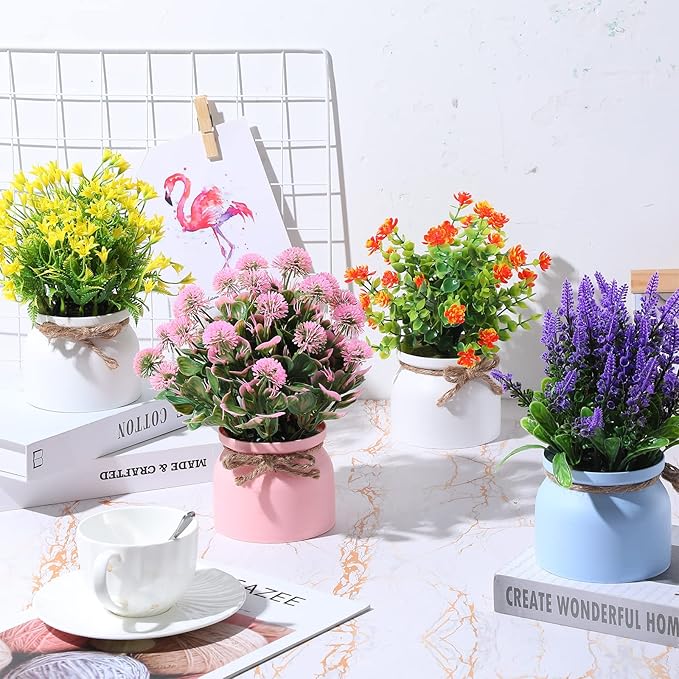 Cindeer 8 Pcs Large Artificial Potted Flowers Fake Potted Plants Plastic Faux Flowers for Home Decor Indoor Artificial Plants in Pots for Wedding Home Desk Tabletop Outdoor Office Kitchen (Romantic)