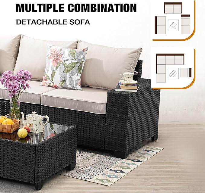 7 Pieces Patio Furniture Set All-Weather Outdoor Wicker Sectional Conversation Sofa Rattan Patio Seating Sofa with Cushion and Glass Table and Ottoman for Porch,Beige