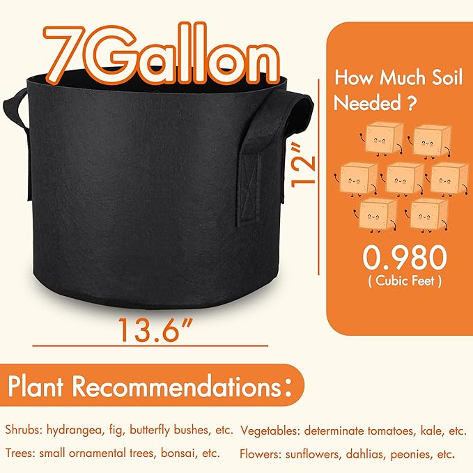 Gardzen 10-Pack 7 Gallon Grow Bags, 300G Thickened Aeration Fabric Pots with Handles, Heavy Duty Cloth Pots for Plants