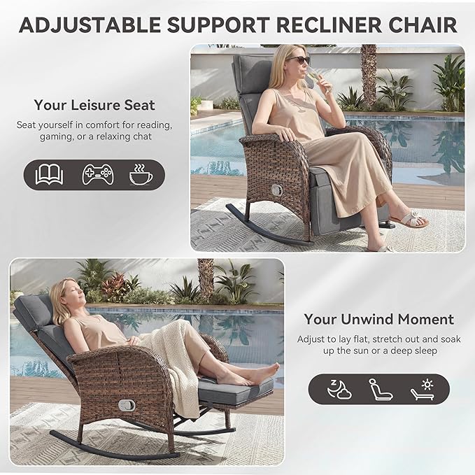 Zero Gravity Patio Rocking Wicker Recliner Chairs Set of 2- Wicker Outdoor Lounge Chair with Adjustable Backrest & Footrest, All Weather Reclining Rocker Chairs with Thick Cushion for Pool Deck Grey