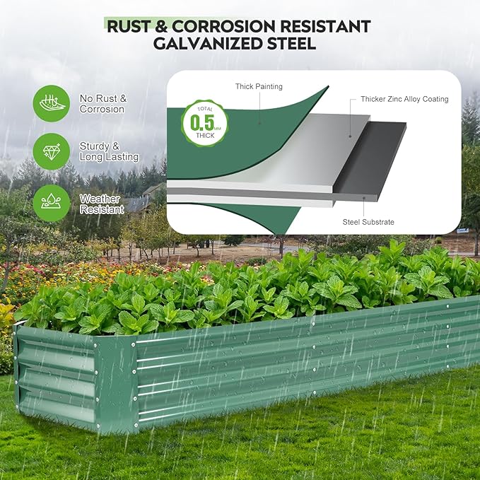 ZORMY 2 Pcs 8x2x1ft Galvanized Raised Garden Bed Outdoor, Metal Planter Boxes with Easy Assembly, Planter Raised Beds for Gardening, Flower, Plants, Vegetable, Herb - LotusGreen