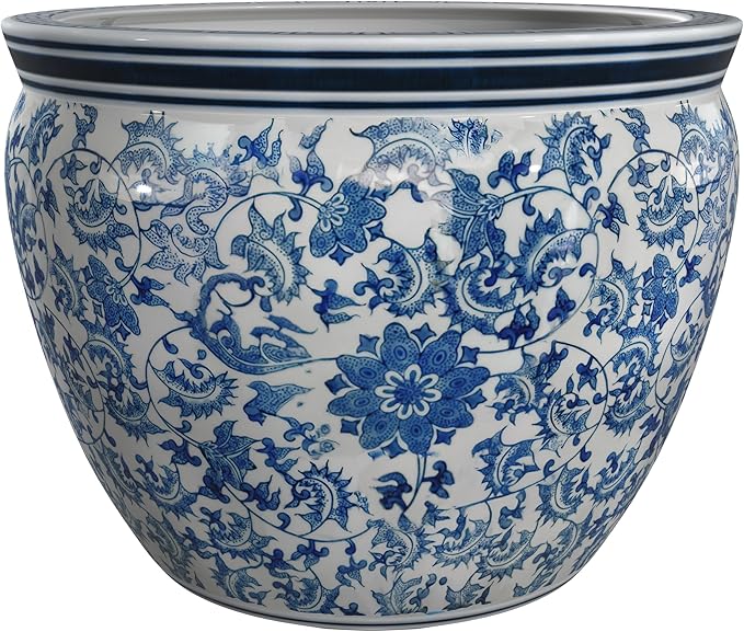 Red Lantern Large 20" Porcelain Fishbowl Blue & White Floral Planter or Cachepot for Indoor/Outdoor Use in Garden Entryway Living Room Boho Eclectic Modern Contemporary Classic Traditional Style Decor