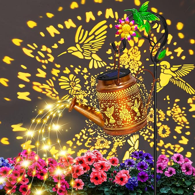 2 Packs Solar Watering Can Lights Hummingbird Garden Decor,Hanging Lanterns Outdoor,Birthday Gift for Mom Women Grandma,Waterproof Solar Fairy String Decorative Outside Lights for Yard Art Patio Porch