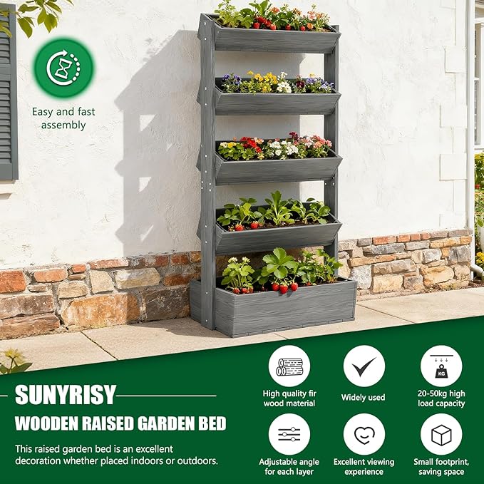 SUNYRISY 5 Tiers Vertical Raised Garden Bed Outdoor Planter Tower, Wooden Freestanding Planter Box for Planting Herbs Flowers Vegetables Patio Balcony Indoor Outdoor Gardening, Grey