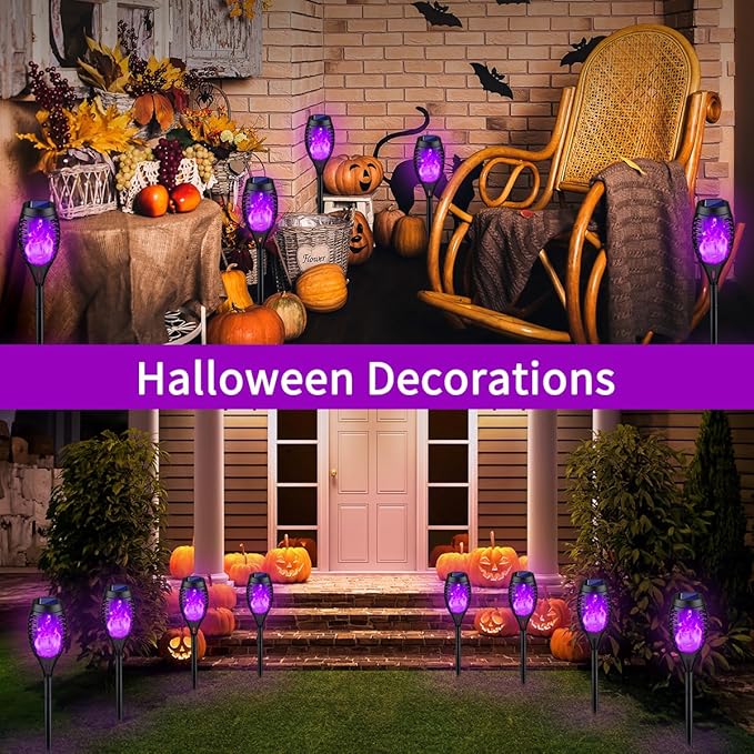 8Pack Halloween Decorations Outdoor, Halloween Solar Lights with Purple Flame for Yard Decor, Waterproof Solar Garden Lights for Outside Decor, LED Flame Torches for Pathway Yard Decorations Outdoor