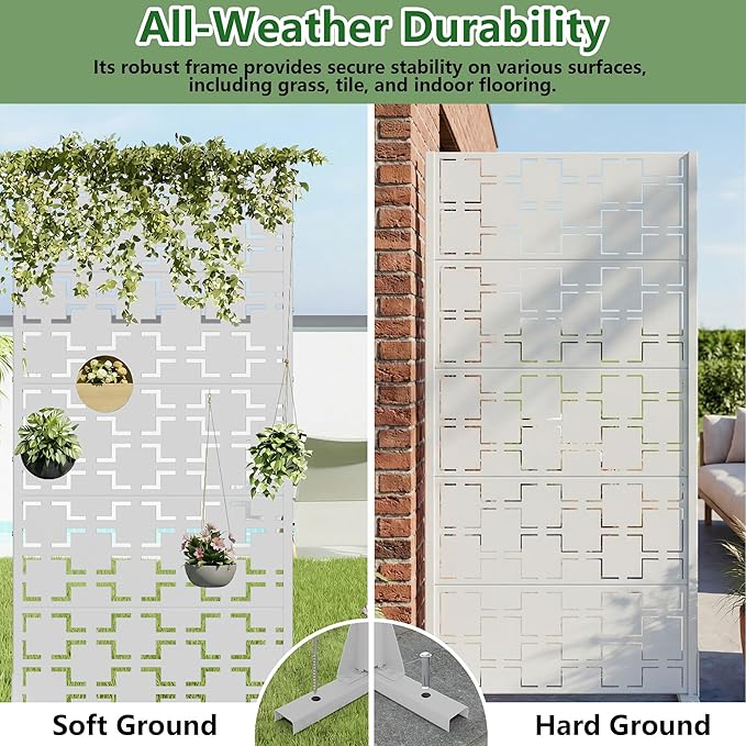 Casaphoria Metal Privacy Screen Outdoor, 60" H x 30" W Freestanding Decorative Privacy Screen for Patio Deck Balcony Garden with Stable Base, White-Square
