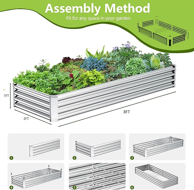 2PCS 8x2x1FT Galvanized Raised Garden Bed, Galvanized Planter Raised Garden Boxes Outdoor, Large Metal Raised Garden Beds for Vegetables-Silver