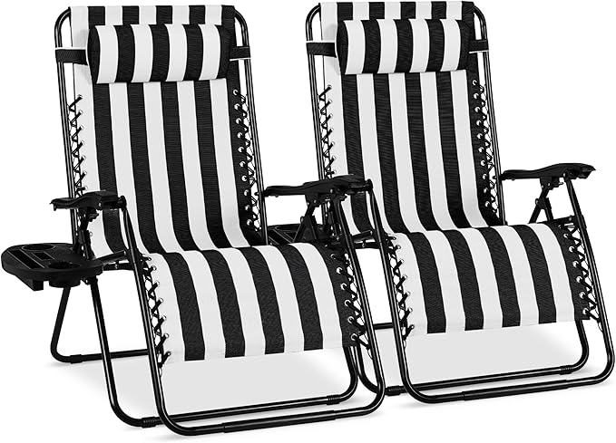 Best Choice Products Set of 2 Extra Wide Adjustable Steel Mesh Zero Gravity Lounge Chair Recliners w/Pillows and Cup Holder Trays - Black Stripes