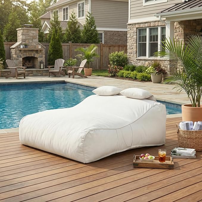 Merax Outdoor Bean Bag Chair Sun Lounger for 2 Adult, 73" Big Comfy Outdoor Bean Bag Daybed Couch with Headrest, Water-Resistant Fabric Patio Chaise Lounger Chair for Pool Balcony Beach Deck, Beige