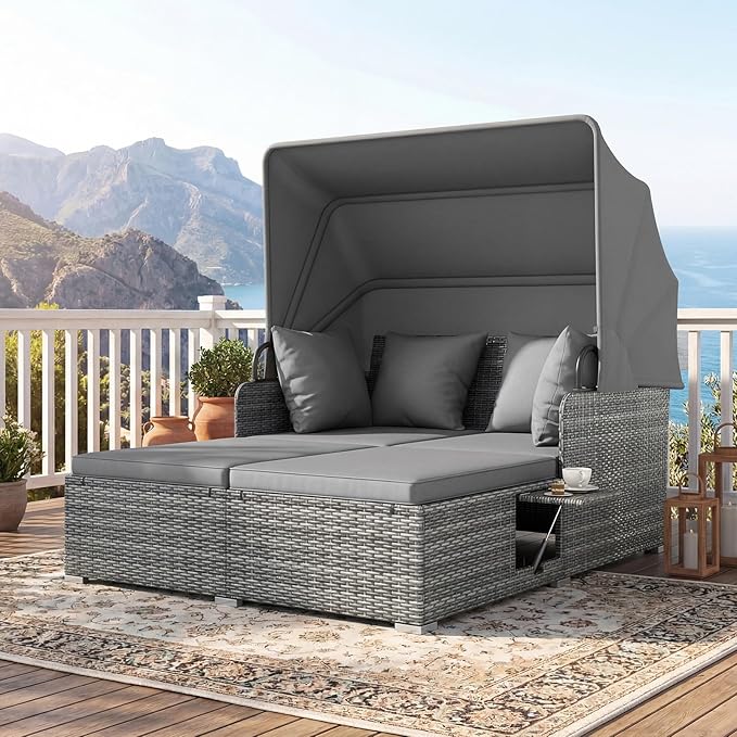 Tangkula Patio Rattan Daybed with Retractable Canopy, Outdoor Wicker Sunbed Lounger with 2 Foldable Side Tables, Thick Seat & Back Cushions, Outside Double Daybed for Garden, Backyard, Porch, Grey