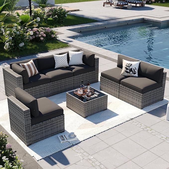 Aoxun Patio Furniture Sets, 7-Piece Outdoor Patio Furniture with Thick Cushions, Wicker Outdoor Conversation Set Sectional Sofa for Backyard, Poolside, Garden (Black-Grey, 7 x 25.6 - Seats)