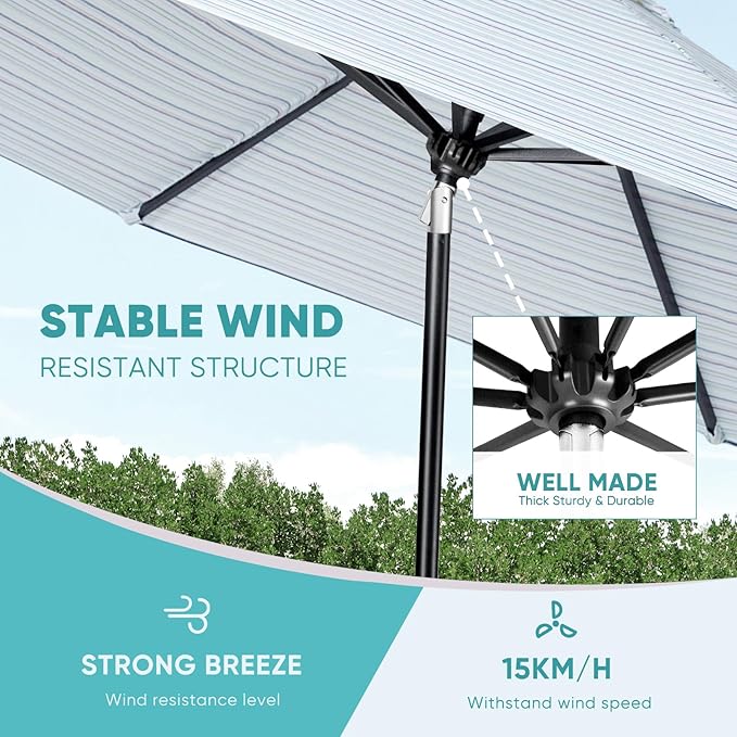 Tempera Patio Market Outdoor Table Umbrella with Auto Tilt and Crank, Large Sun Umbrella with Sturdy Pole & Fade Resistant Canopy, Easy to Set