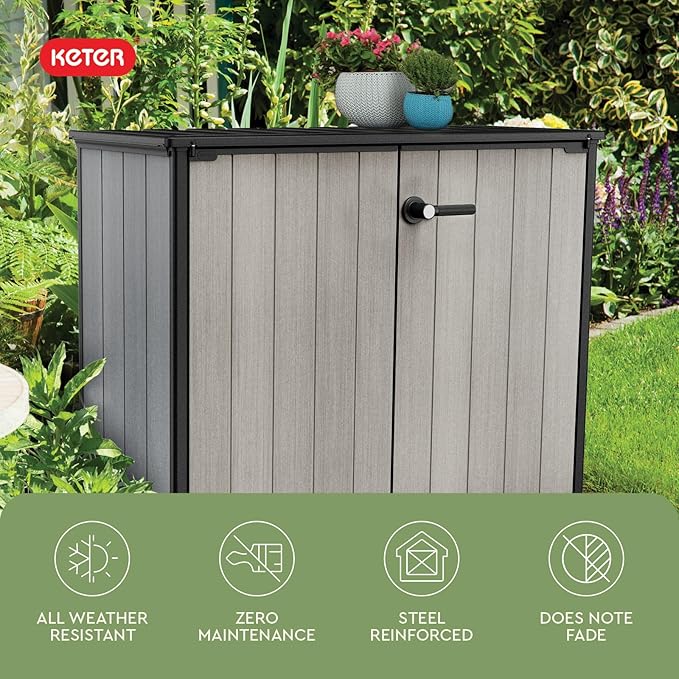 Keter Patio Store 4.6 x 4.0 ft. Resin Outdoor Storage Shed with Paintable and Drillable Walls for Customization-Perfect for Yard Tools and Pool Toys, Grey