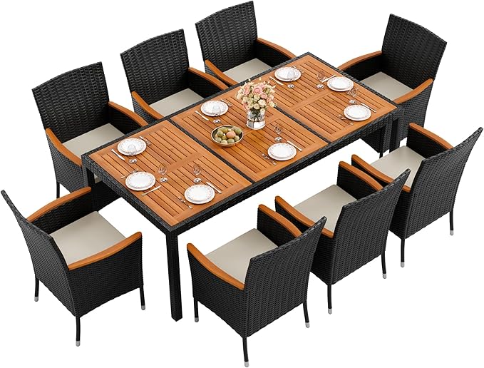 Flamaker 9 Piece Patio Dining Set Outdoor Acacia Wood Table and Chairs with Soft Cushions Wicker Patio Furniture for Deck, Backyard, Garden