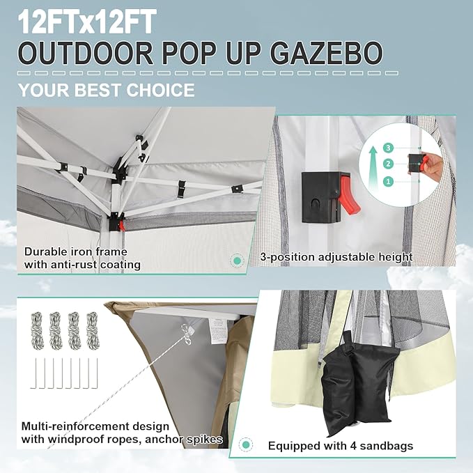 COBIZI 12x12 Pop up Gazebo on Clearance with Mosquito Netting & Sandbags, Outdoor Canopy Tent with 4 Ropes 8 Stakes & Portable Carrying Bag, Patio Portable Gazebo for Garden Backyard & Lawn, Beige