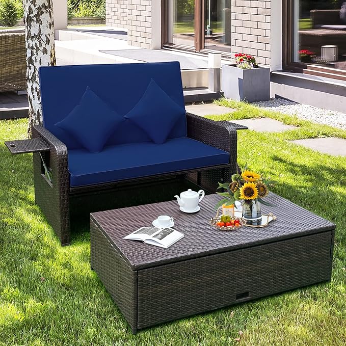 Tangkula Patio Rattan Daybed with 4-Level Adjustable Backrest, Outdoor PE Wicker Loveseat with Storage Ottoman & Folding Side Tray, Double Sunbed Lounger for Balcony, Backyard & Poolside, Navy & Brown