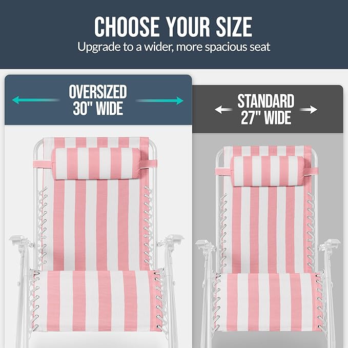 Best Choice Products Set of 2 Extra Wide Adjustable Steel Mesh Zero Gravity Lounge Chair Recliners w/Pillows and Cup Holder Trays - Flamingo Stripes/White