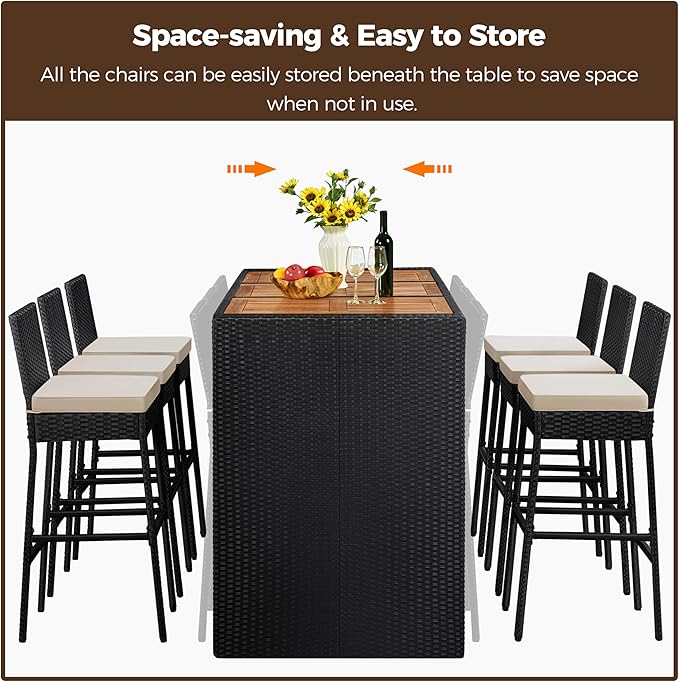 Yaheetech 7 Piece Patio Dining Set Outdoor Acacia Wood Bar Table and Chairs with Removable Cushions, Wicker Furniture Set for Deck, Backyard, Garden, Black/Beige