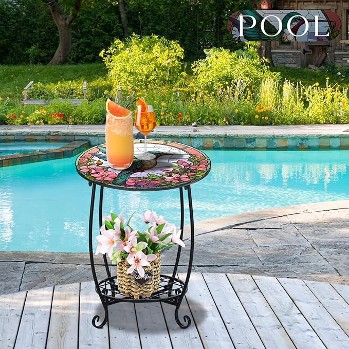 Outdoor Side Table Round Small Mosaic Patio Accent Indoor End Plant Coffee Tea Table for Yard Patio Porch Garden Living Room, Bedroom(Hummingbird Style,18 Inch)