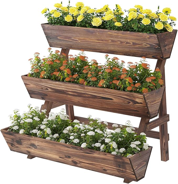 3-Tiers Wooden Raised Garden BedPlanter Box Gardening Outdoor Planter Box Patio Kit Tiered Planter Box Vertical Garden Planter Wood Plant Stand for Patio, Balcony, Freestanding (Carbonized L)