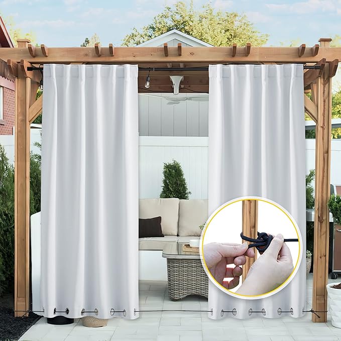 NICETOWN 2 Panels Greyish White Privacy Outdoor Curtains for Patio, Waterproof Thermal Insulated Grommet & Back Tab on Top and Bottom Windproof Drapes with Fixed Rope for Porch, W52 x L108
