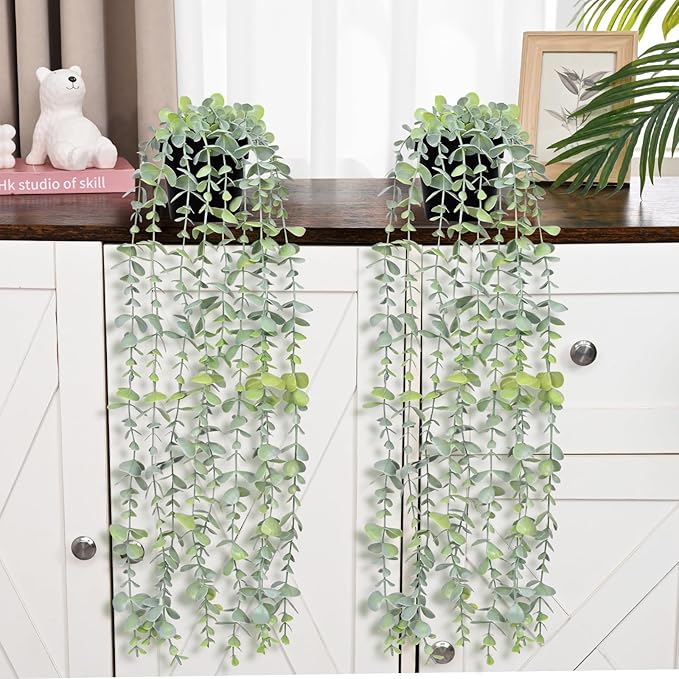 Waipfaru 2Pcs Fake Hanging Plants with Pot Light Green Eucalyptus Leaves UV Resistant Fake Vines Ivy Artificial Plants Outdoor Faux Plants Indoor Bedroom Living Room Boho Wall Porch Shelf Decor