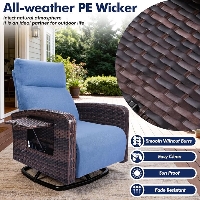 Outdoor Recliner Chair, Wicker Patio Recliners with Adjustable Backrest and Extended Foot Rest, Reclining Patio Chairs with Flip Table & Removable Cushion Cover for Porch