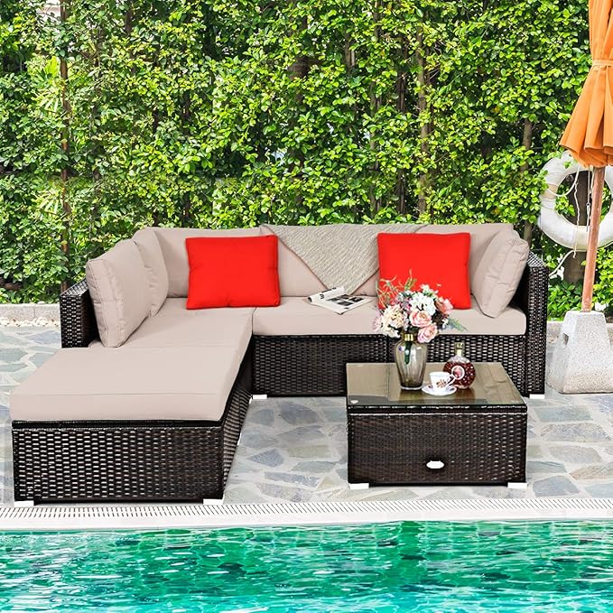 Tangkula 6 Piece Patio Furniture Set, Outdoor Deck Lawn Backyard Durable Steel Frame PE Rattan Wicker Sectional Sofa Set, Conversation Set with Coffee Table (Beige)