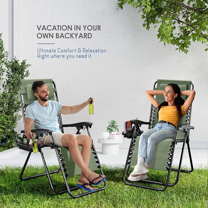 Nestl Zero Gravity Chairs Set of 4, Patio Lounge Chair Outdoor with Pillows & Cup Holder Trays, Adjustable Steel Mesh Reclining Camping Chair, Folding Patio Lawn Chair for Deck, Beach - Sage Green