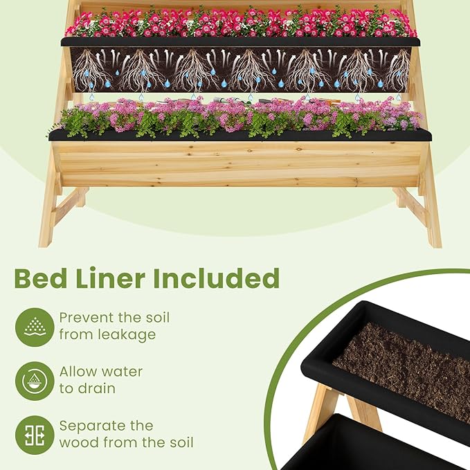 HAPPYGRILL 3-Tier Wooden Raised Garden Bed, Elevated Planter Box Kit with Legs & Liners for Flower Herb Vegetable, Indoor Outdoor Vertical Raised Bed for Gardening Patio Balcony Greenhouse