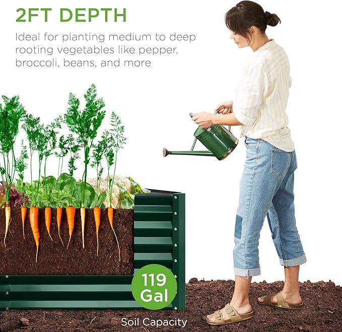 Best Choice Products 4x2x2ft Outdoor Metal Raised Garden Bed, Deep Root Box Planter for Vegetables, Flowers, Herbs, 119 Gallon Capacity, 100% Non Toxic Materials - Dark Green