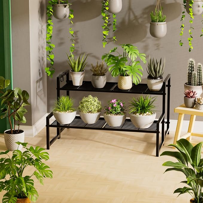 Garden 4 you 2 Tier Metal Plant Stand Outdoor Indoor Waterproof, Stackable Heavy Duty Tall Plant Shelf Flower Pot Holder for Garden, Display Rack, Black
