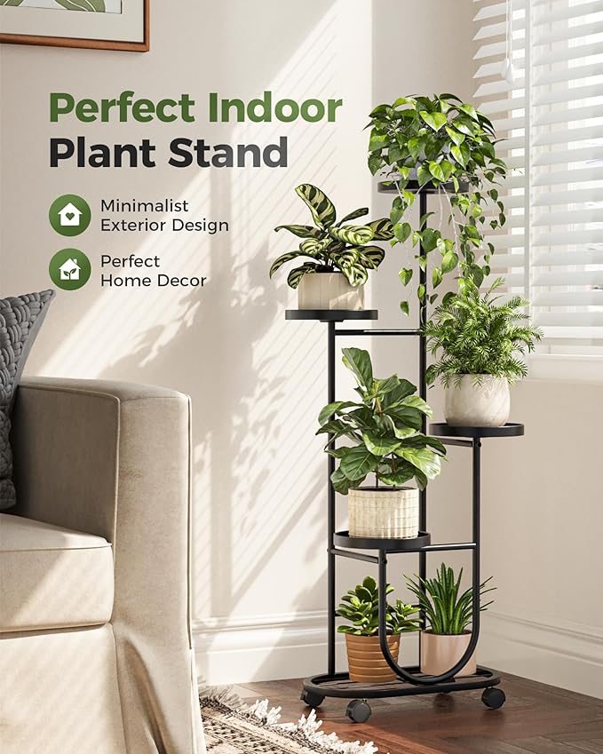 Bamworld Tall Plant Stand Indoor Outdoor Plant Stand with Wheels Heavy Duty Metal Plant Shelf for Multiple Plants Flower Stands for Patio Corner Garden Living Room Balcony, Black