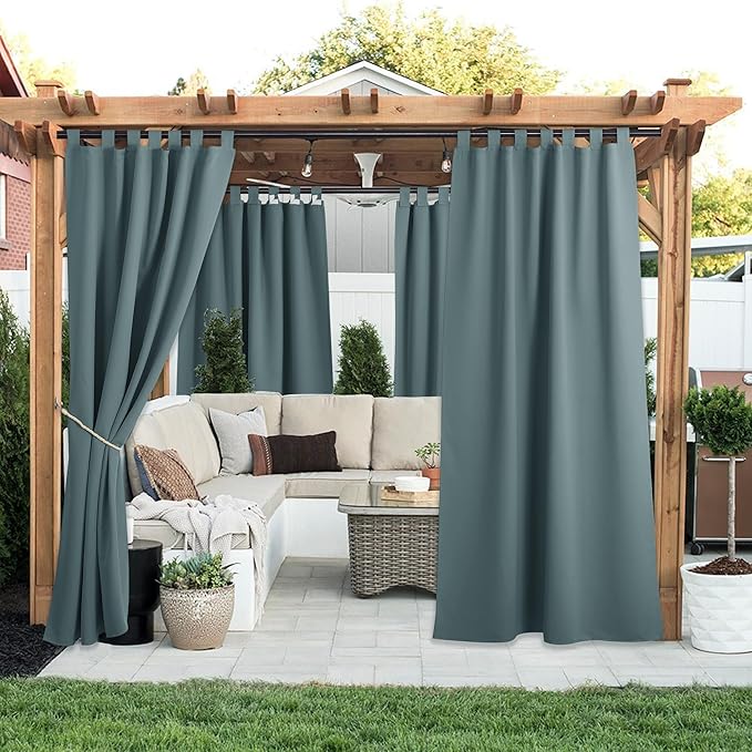 NICETOWN 2 Panels Greyish Blue Porch Curtainss Outdoor Waterproof for Patio, Self-Stick Tab Top Blackout Heat & Cold Block Indoor Outdoor Curtainss & Drapes Privacy for Pergola/Patio, W52 x L84