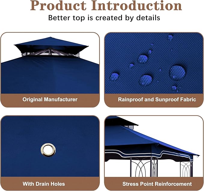 SCOCANOPY Replacement Gazebo Canopy for 10 x 12 Regency II Patio Gazebo Model L-GZ798PST,A101004104,A101004105,(Navy Blue)