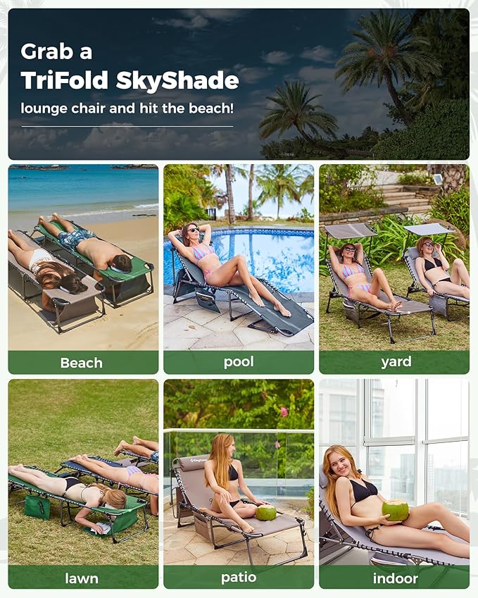 KingCamp 2 Pack Lounge Chair Outdoor with Canopy & Face Hole, Adjustable 5-Position Folding Chaise Tanning Recliner Portable Comfy Chaiser for Camping Outside Patio Pool Beach, Green/White