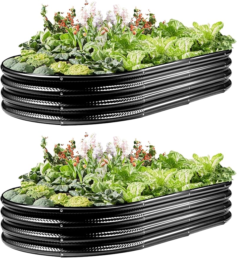 2 Pack Raised Garden Bed Kits, 4x2x1FT Black Oval Galvanized Outdoor Planter Beds, Easy Assembly Metal Raised Bed for Vegetables, Flowers & Herbs