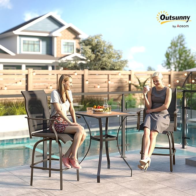 Outsunny Set of 2 Outdoor Swivel Bar Stools with Armrests, Bar Height Patio Chairs with Steel Frame for Balcony, Poolside, Backyard, Black