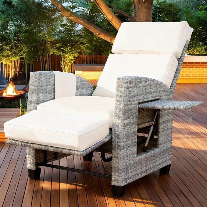 Outdoor Wicker Recliner Chair, 145° Patio Lounge Chair with 4" Cushion, Adjustable Backrest & Footrest, Flip-up Table & Side Pocket for Backyard, Deck, Balcony, Terrace, Poolside