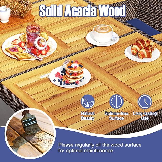 Tangkula 9 Pieces Rattan Outdoor Dining Set for 8, Outdoor Acacia Wood Table Set with 8 Cushioned Wicker Chairs, Umbrella Hole, Patio Dining Furniture Set for Deck Pool Backyard
