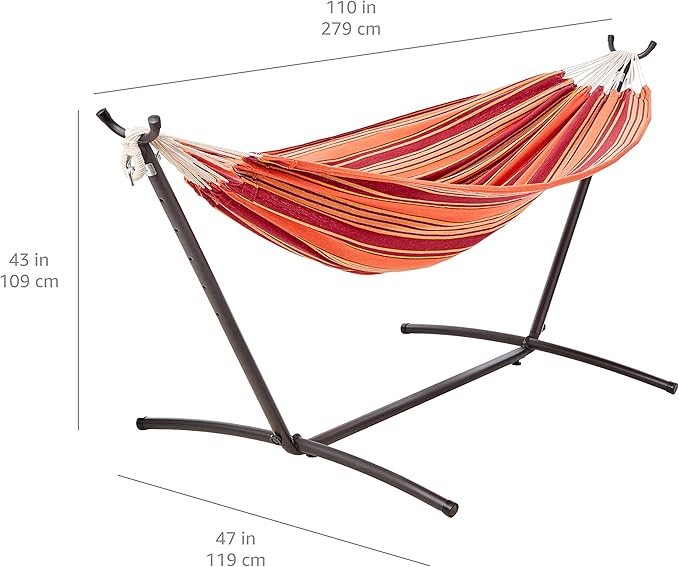 Amazon Basics Double Hammock with 9-Foot Space Saving Steel Stand and Carrying Case, 2 Person, 450 lb Capacity, Sunset Orange Stripe, 110" x 47" x 43", Outdoor