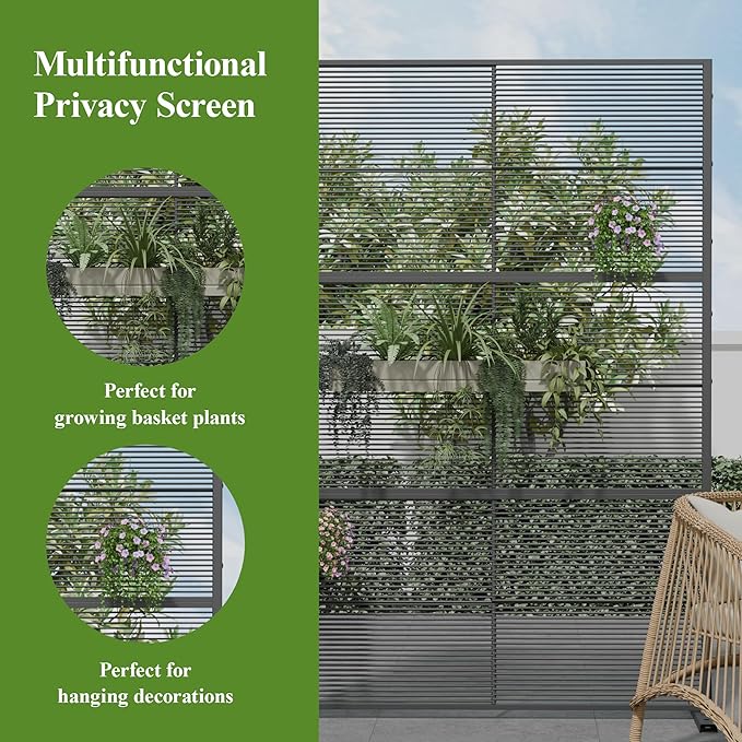 Casaphoria Metal Privacy Screen Outdoor, 72" H x 47" W Freestanding Decorative Privacy Screen for Patio Deck Balcony Garden with Stable Base, Black-Cross Stripe