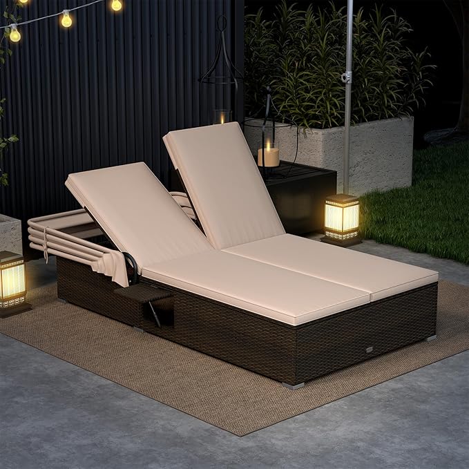 RELAX4LIFE Outdoor Daybed with Retractable Canopy - Wicker Double Chaise Lounge w/6-Position Backrest, 2 Folding Side Trays & Cushions, 2-Seater Loveseat Sunbed for Backyard, Rattan Patio Bed Lounger