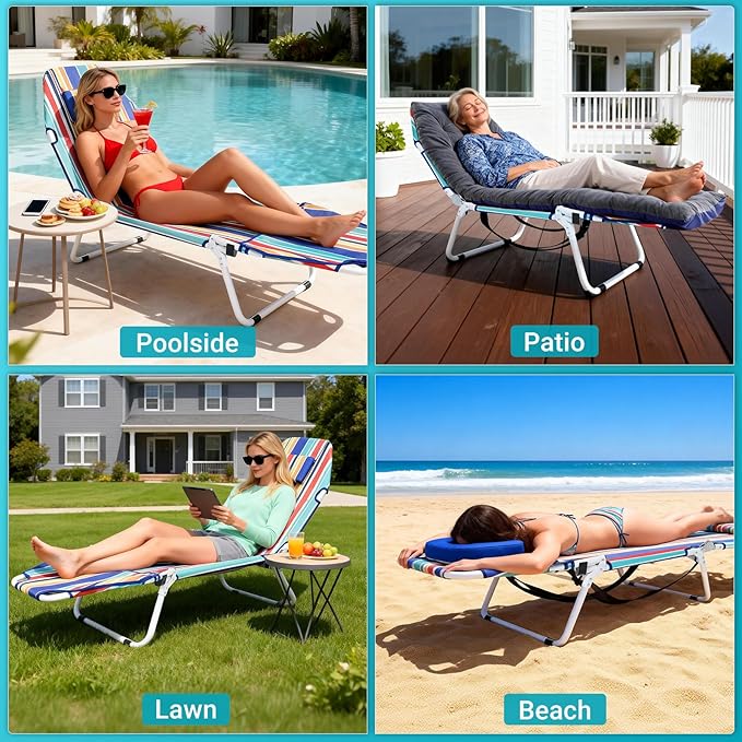 ABORON 2-in-1 Tanning Chair with Face Hole, Folding Camping Cot for Adults, 5-Position Adjustable Lounge Chair with Pillow, Heavy Duty 600D Oxford Portable Cot for Beach, Patio, Poolside
