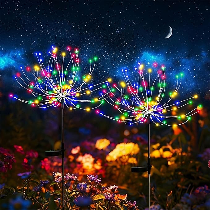 2 Pack Solar Firework Lights Outdoor - Verified 200 LED & 8 Modes - Starburst Solar Powered Garden Lights, Reinforced Durable Stakes, Waterproof Pathway Walkway Lights for Yard Patio Decor