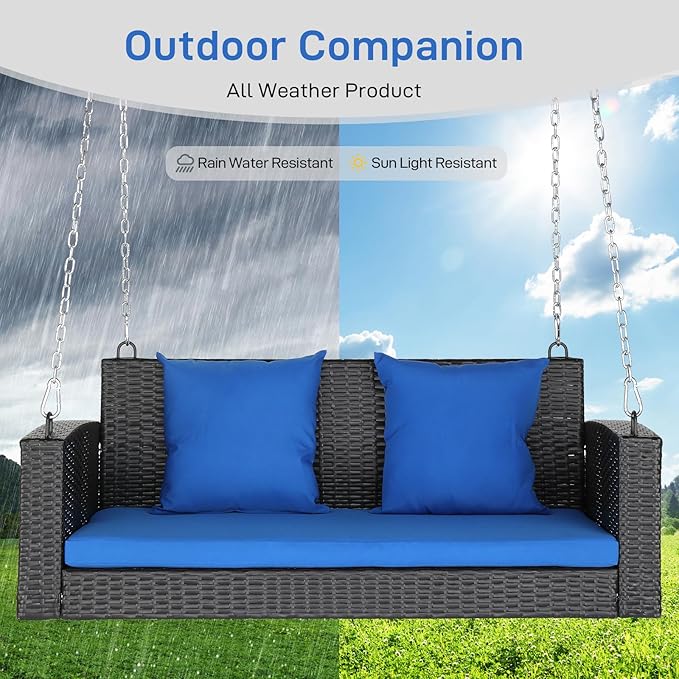 Outvita Porch Swing 2 Person Hanging Bench, Wicker Outdoor Swing Bench with Cushion and Pillow for Patio, Yard, Garden Hold Up to 800 lbs (Blue)