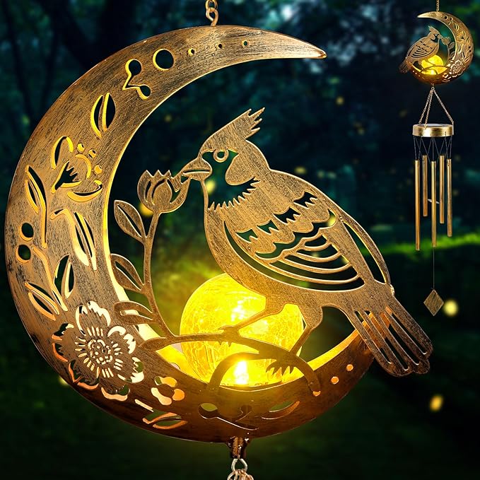 Moon Cardinal Wind Chime for Outside - Exquisite Vermilion Bird, Handmade Aluminum Wind Chimes for Garden/Lawn, Soothing Zen Decor, Perfect Asian-Themed Gift for Housewarming & Meditation Spaces