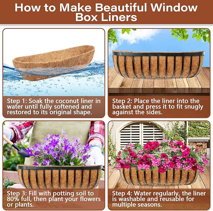 Legigo 4PCS 36 Inch Natural Trough Coco Coir Liners Planters Replacement, Pre-Formed Window Basket Coconut Coir Fiber Liner for Garden Window Flower Box Pots, Fence Trough Planter, Wall Planter Basket